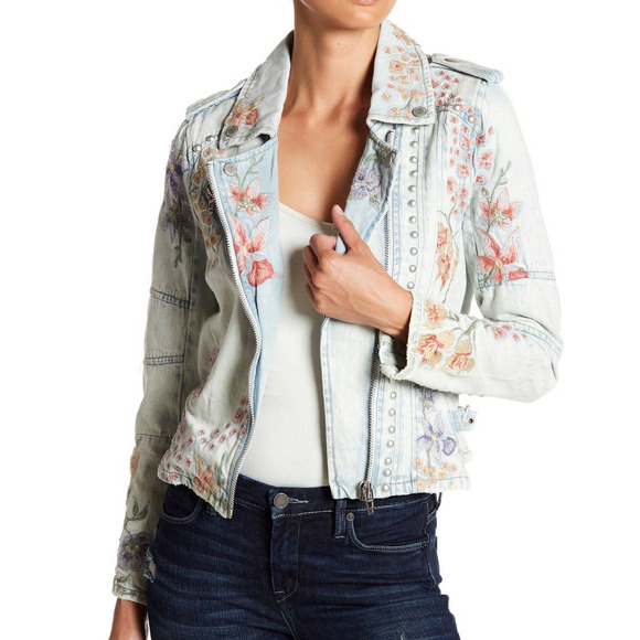 Blank NYC M The Sitting Pretty Embroidered Denim Moto Jacket Floral - Picture 1 of 6